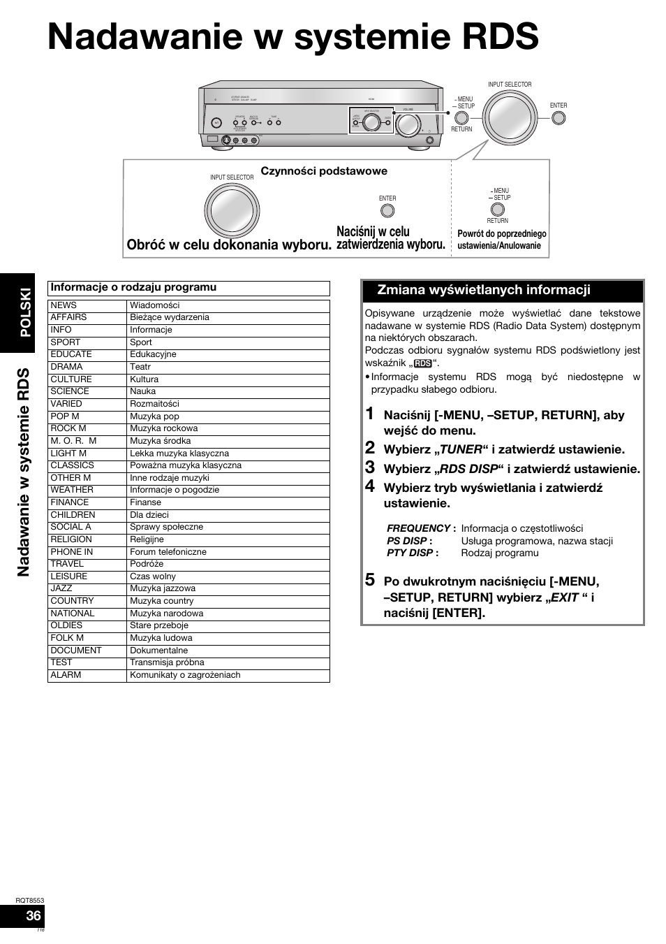 Nadawanie w systemie rds, Polski, Zmiana wyœwietlanych informacji | Wybierz „ tuner “ i zatwierdÿ ustawienie, Wybierz „ rds disp “ i zatwierdÿ ustawienie, Wybierz tryb wyœwietlania i zatwierdÿ ustawienie | Panasonic SAXR57 User Manual | Page 116 / 160