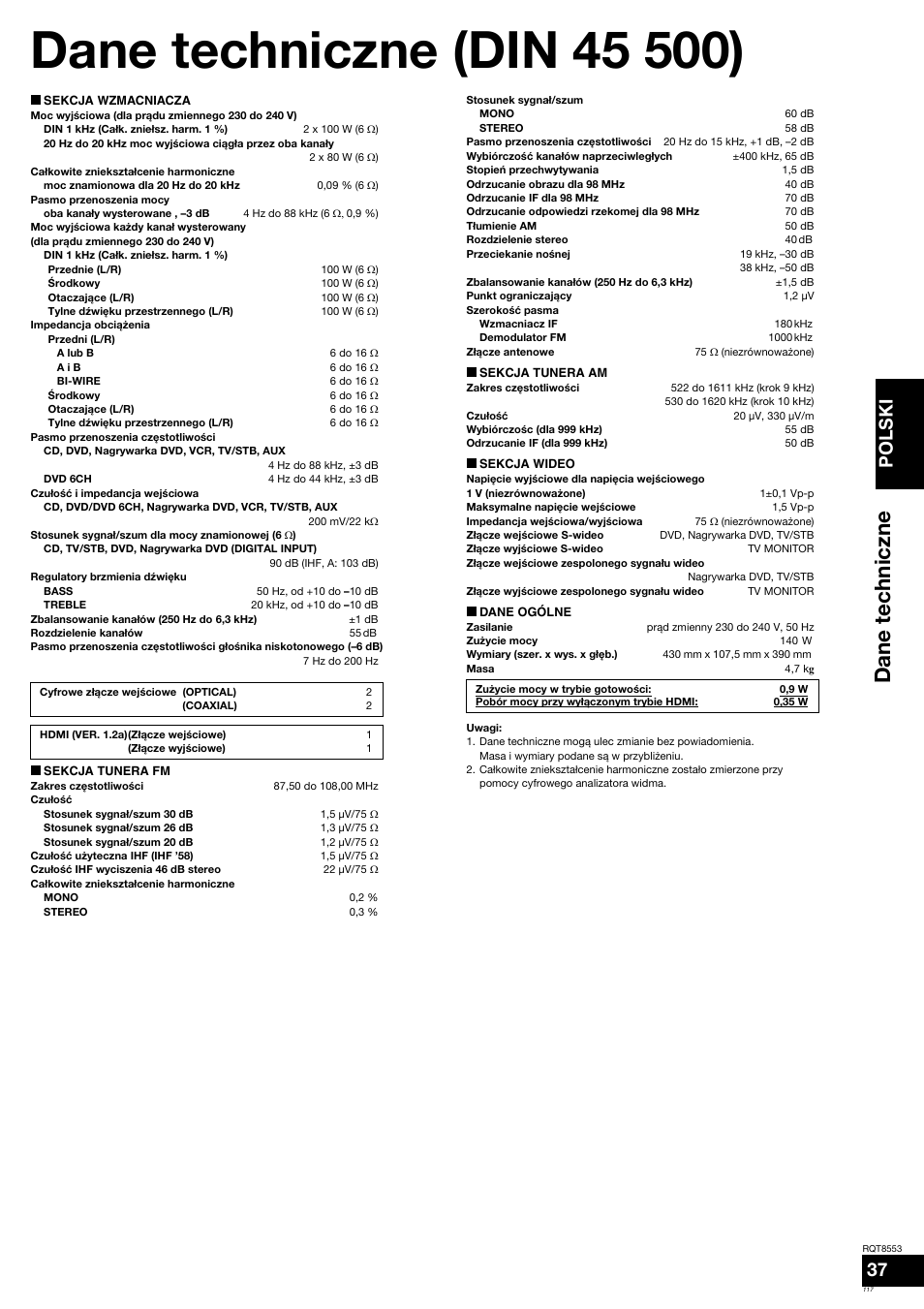 Dane techniczne, Polski | Panasonic SAXR57 User Manual | Page 117 / 160