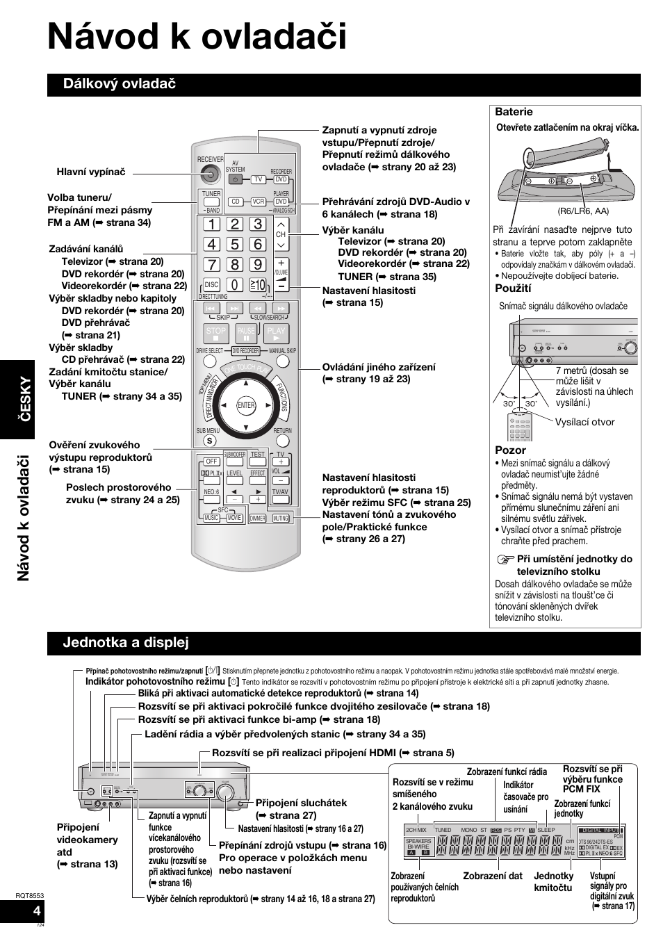 Návod k ovladači, Návod k ov lada č i, Dálkový ovladač | Jednotka a displej, Česky, Baterie, Použití pozor, S video in video in l audio in r | Panasonic SAXR57 User Manual | Page 124 / 160