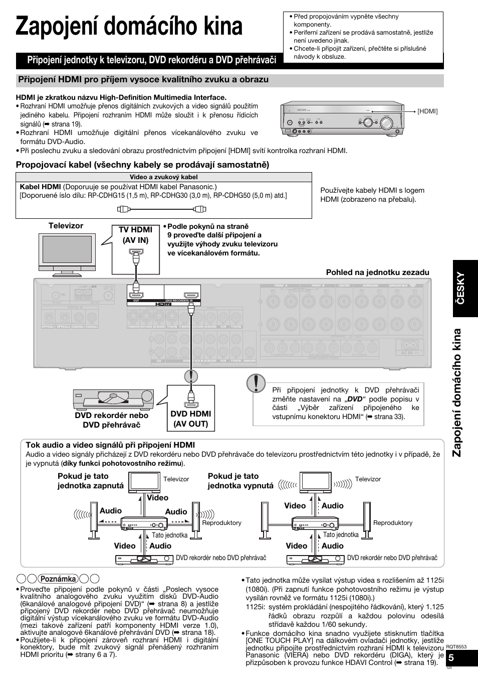 Zapojení domácího kina, Česky, Televizor | Audio video audio video audio video, S video in video in l audio in r, Tato jednotka dvd rekordér nebo dvd přehrávač | Panasonic SAXR57 User Manual | Page 125 / 160