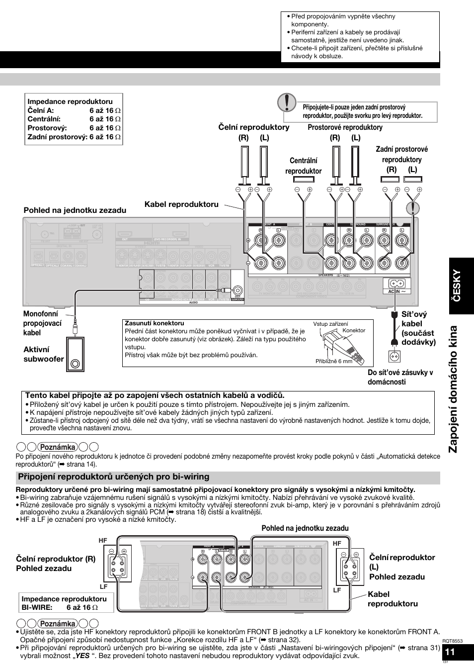 Zapojení domácího kina, Česky, Připojení reproduktorů určených pro bi-wiring | Kabel reproduktoru, Impedance reproduktoru bi-wire: 6 až 16 ω, Hf lf lf | Panasonic SAXR57 User Manual | Page 131 / 160