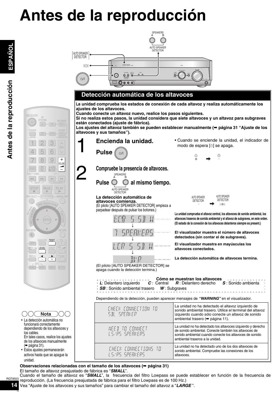 Antes de la reproducción, Antes de la r eproduc ción, Detección automática de los altavoces | Encienda la unidad. pulse, Español, Nota | Panasonic SAXR57 User Manual | Page 14 / 160