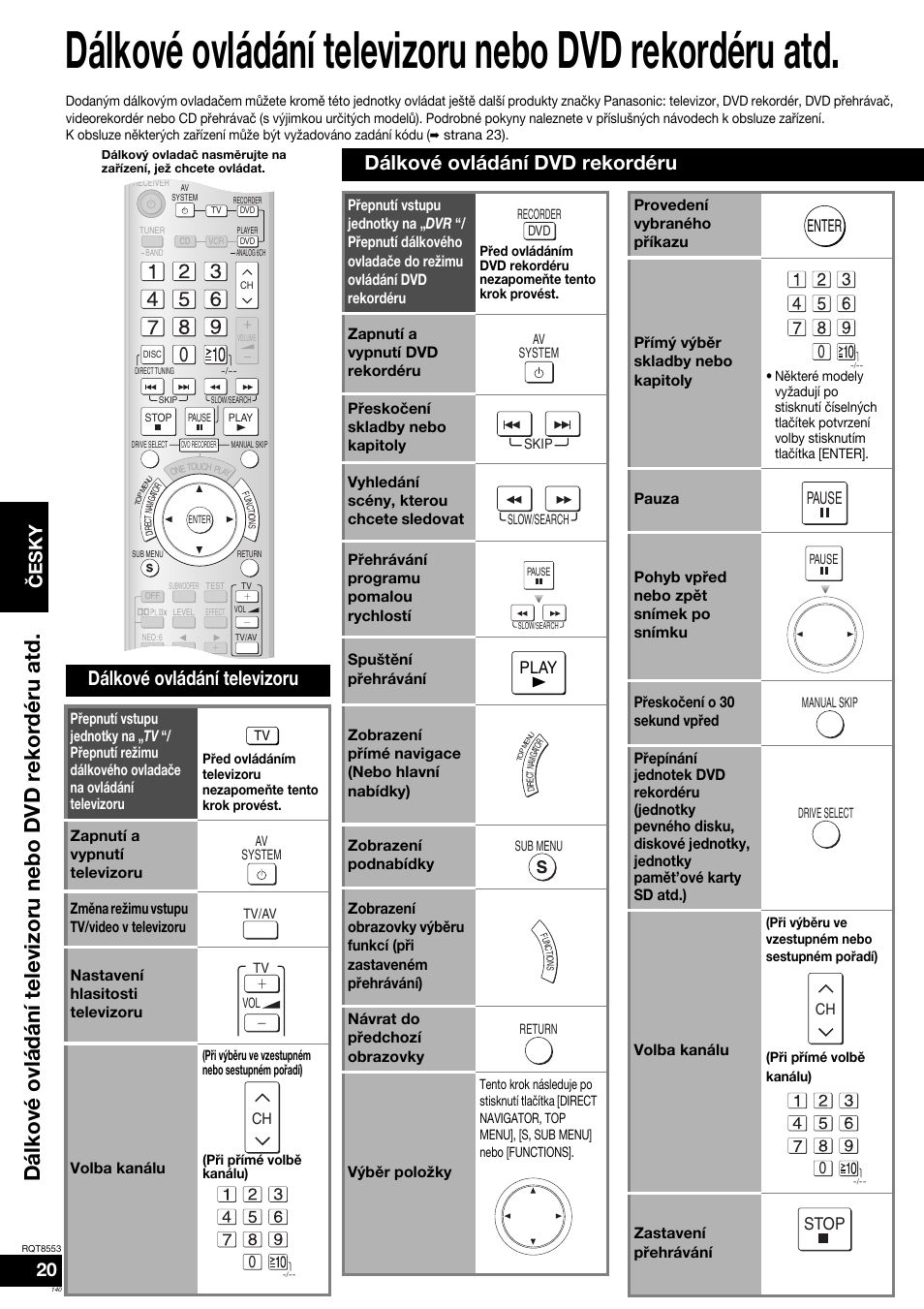 Dálkové ovládání televizoru nebo dvd rekordéru atd, Dálkové ovládání televizoru, Dálkové ovládání dvd rekordéru | Česky, Play, Enter, Pause, Stop | Panasonic SAXR57 User Manual | Page 140 / 160