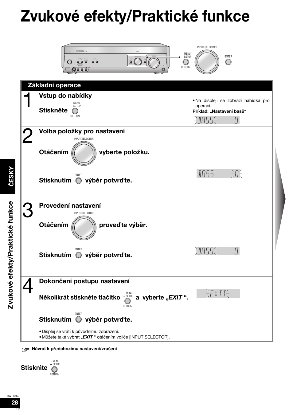 Zvukové efekty/praktické funkce, Stisknìte, Základní operace | Vstup do nabídky stiskněte, Česky | Panasonic SAXR57 User Manual | Page 148 / 160