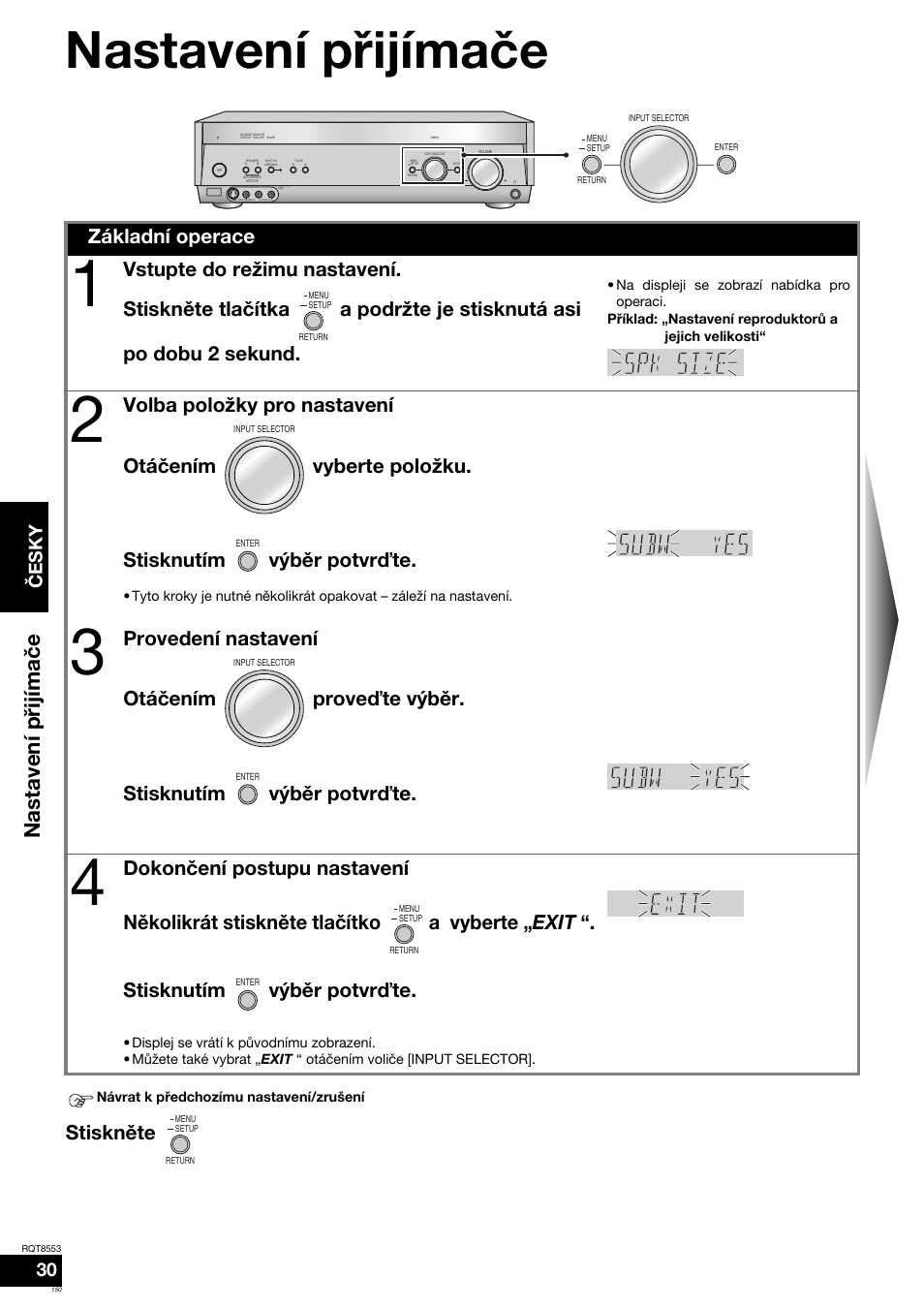 Nastavení přijímače, Nastavení p řijíma č e, Stiskněte | Základní operace, Česky | Panasonic SAXR57 User Manual | Page 150 / 160