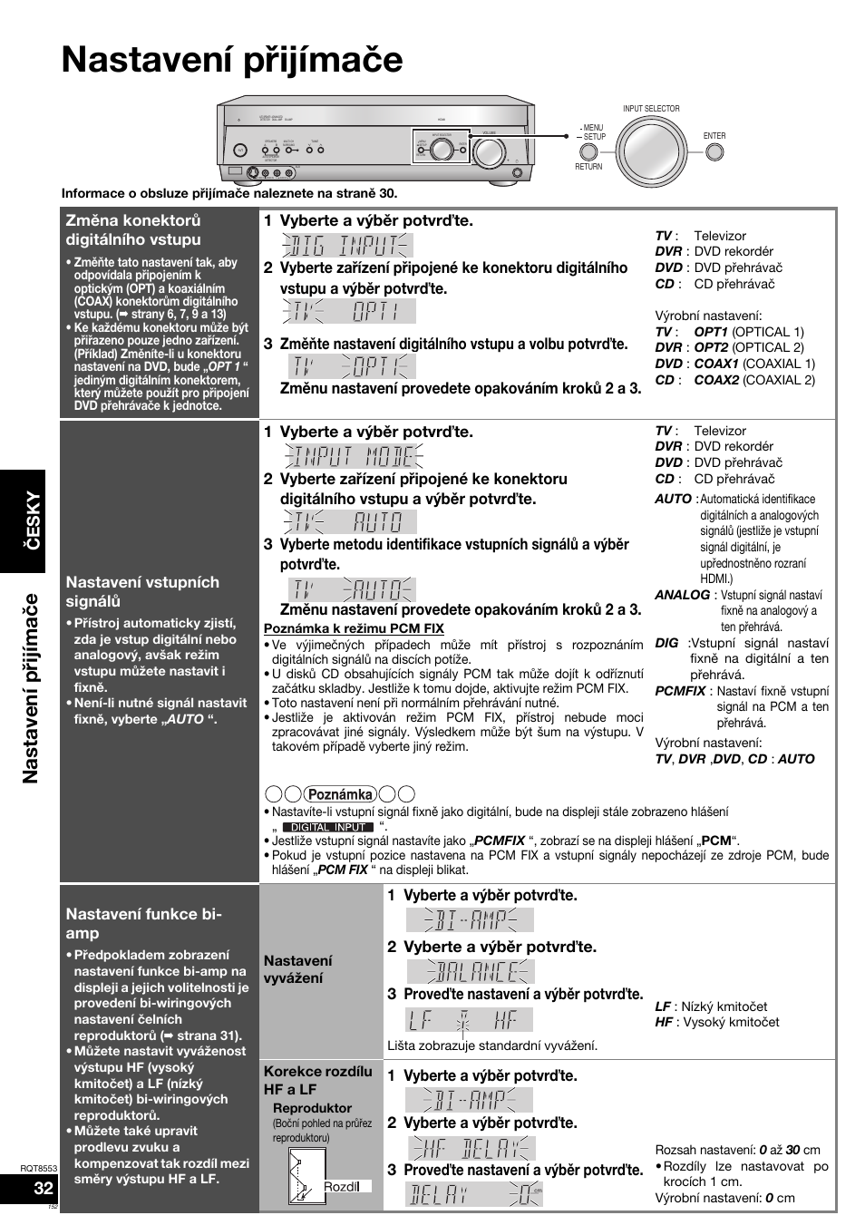 Nastavení přijímače, Nastavení p řijíma č e, Česky | Změna konektorů digitálního vstupu, Nastavení vstupních signálů, Nastavení funkce bi- amp | Panasonic SAXR57 User Manual | Page 152 / 160