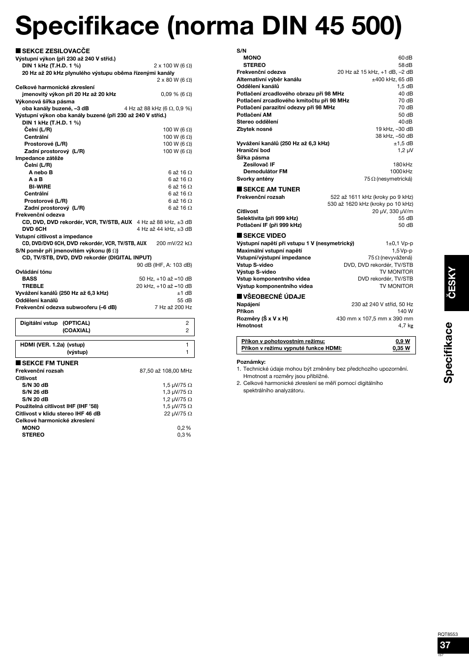 Specifikace, Před použitím č esky | Panasonic SAXR57 User Manual | Page 157 / 160