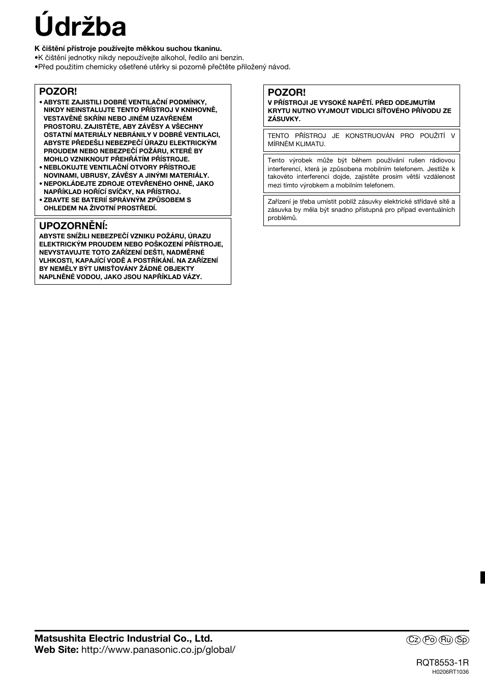 Údržba | Panasonic SAXR57 User Manual | Page 160 / 160