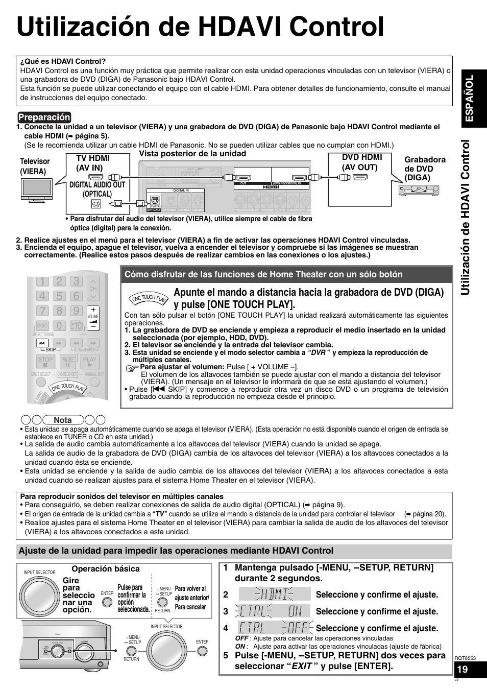 Utilización de hdavi control, Español 19, Nota | Operación básica | Panasonic SAXR57 User Manual | Page 19 / 160