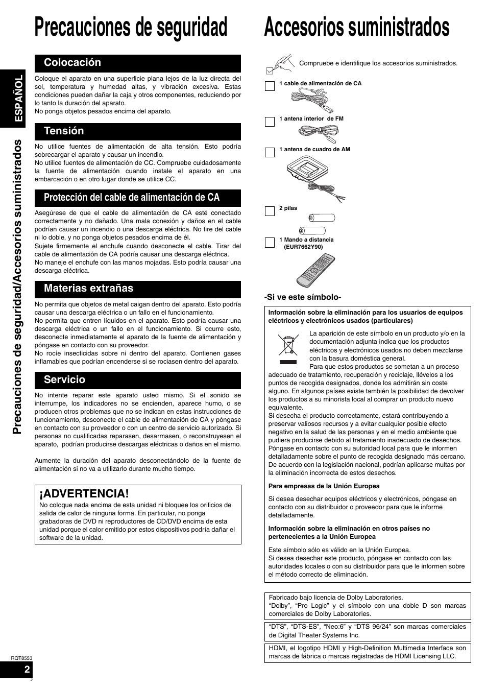Precauciones de seguridad, Accesorios suministrados, Advertencia | Panasonic SAXR57 User Manual | Page 2 / 160