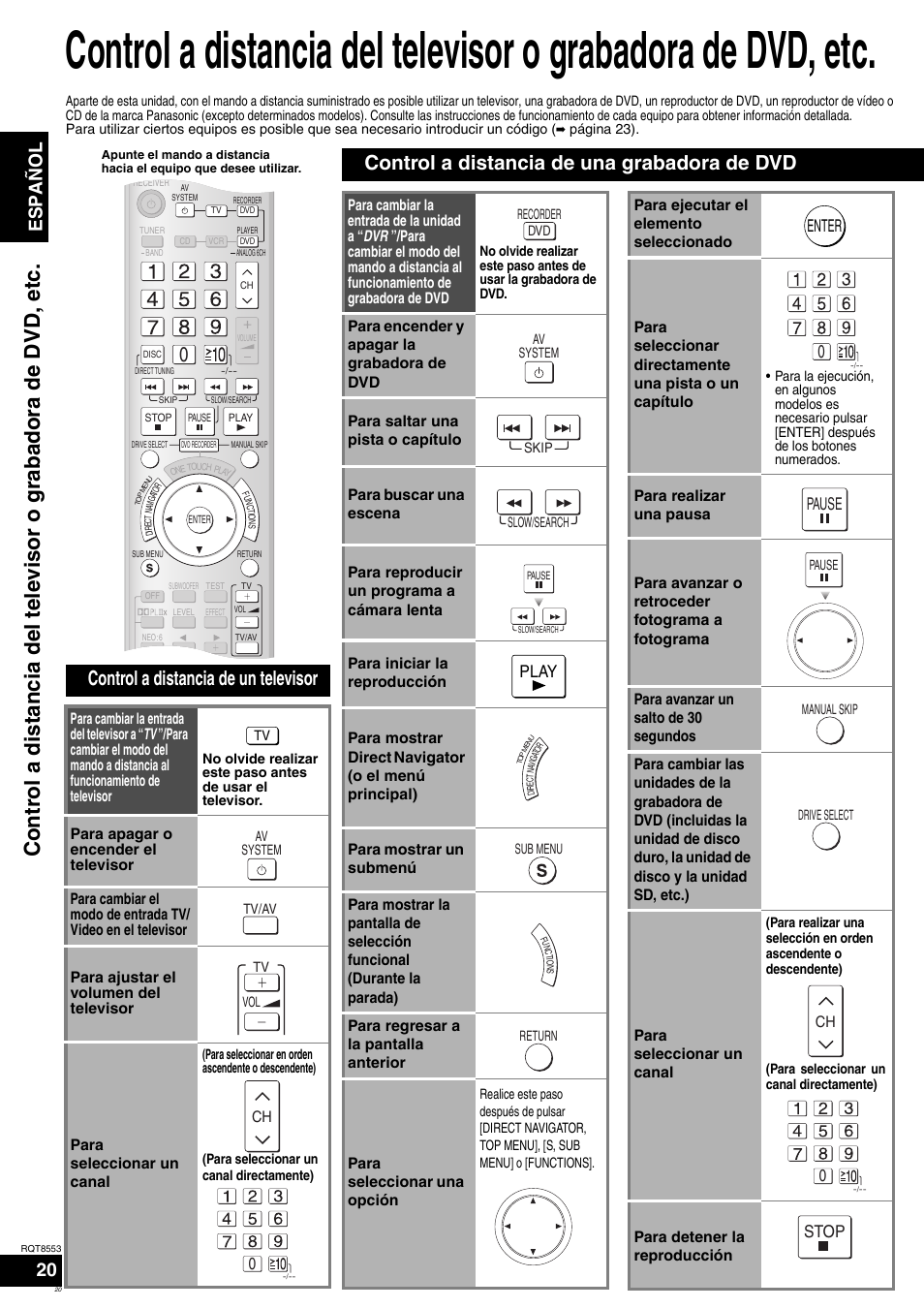 Control a distancia de un televisor, Control a distancia de una grabadora de dvd, Español | Play, Enter, Pause, Stop | Panasonic SAXR57 User Manual | Page 20 / 160