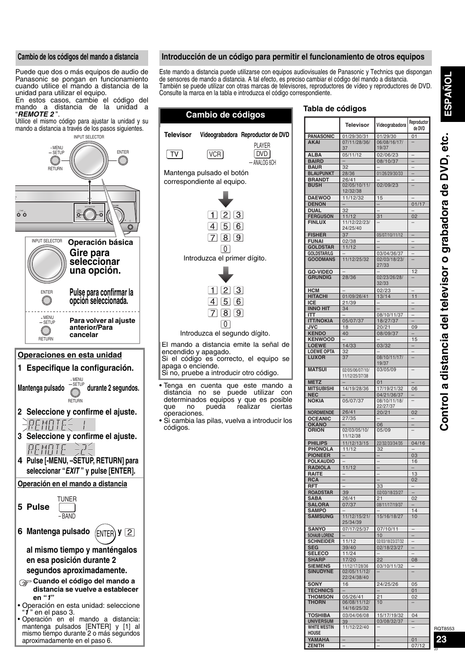 Antes de utiliza r el i t, Español, Cambio de los códigos del mando a distancia | Enter, Cambio de códigos, Operación básica, Operaciones en esta unidad, Operación en el mando a distancia, Tabla de códigos | Panasonic SAXR57 User Manual | Page 23 / 160