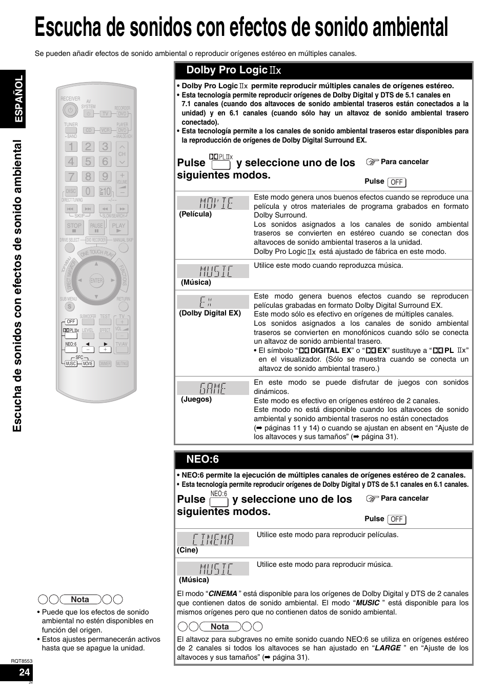 Escucha de sonidos con efectos de sonido ambiental, Dolby pro logic, Pulse y seleccione uno de los siguientes modos | Neo:6, Español | Panasonic SAXR57 User Manual | Page 24 / 160