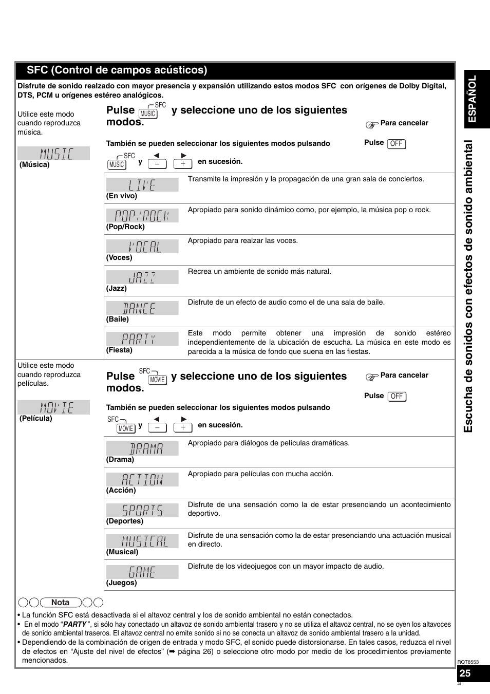 Sfc (control de campos acústicos), Pulse y seleccione uno de los siguientes modos, Antes de utiliza r el i t | Español | Panasonic SAXR57 User Manual | Page 25 / 160