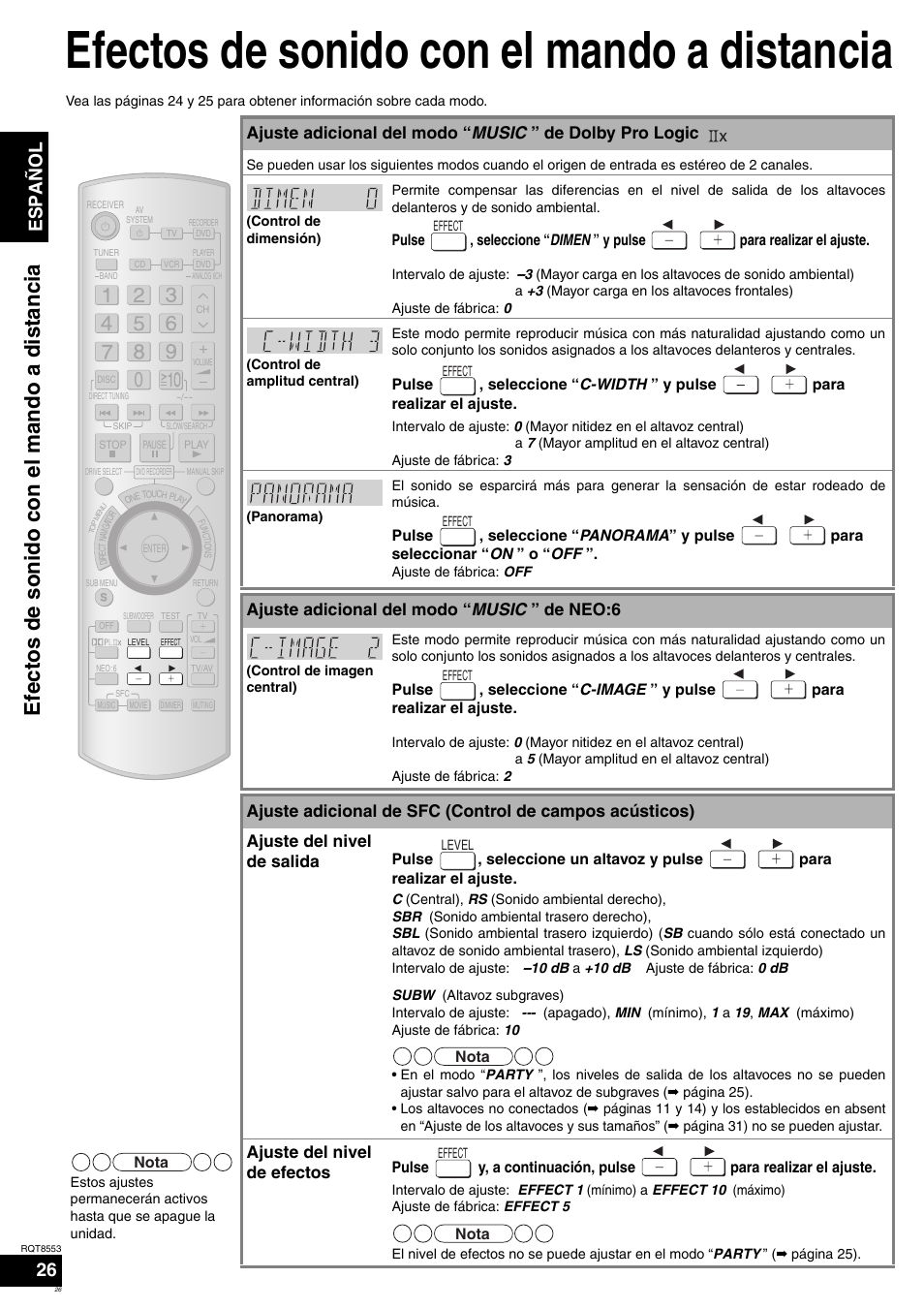 Efectos de sonido con el mando a distancia, Español, Ajuste adicional del modo “ music ” de neo:6 | Ajuste del nivel de efectos | Panasonic SAXR57 User Manual | Page 26 / 160