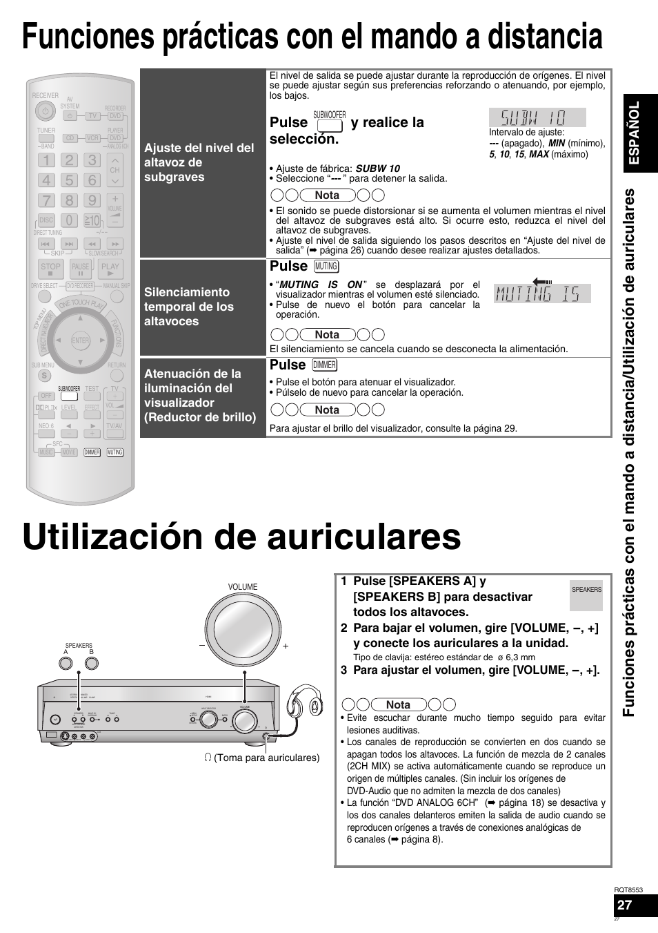 Pulse y realice la selección, Pulse, Antes de utiliza r el i t | Español, Ajuste del nivel del altavoz de subgraves, Silenciamiento temporal de los altavoces, 3 para ajustar el volumen, gire [volume, Nota | Panasonic SAXR57 User Manual | Page 27 / 160