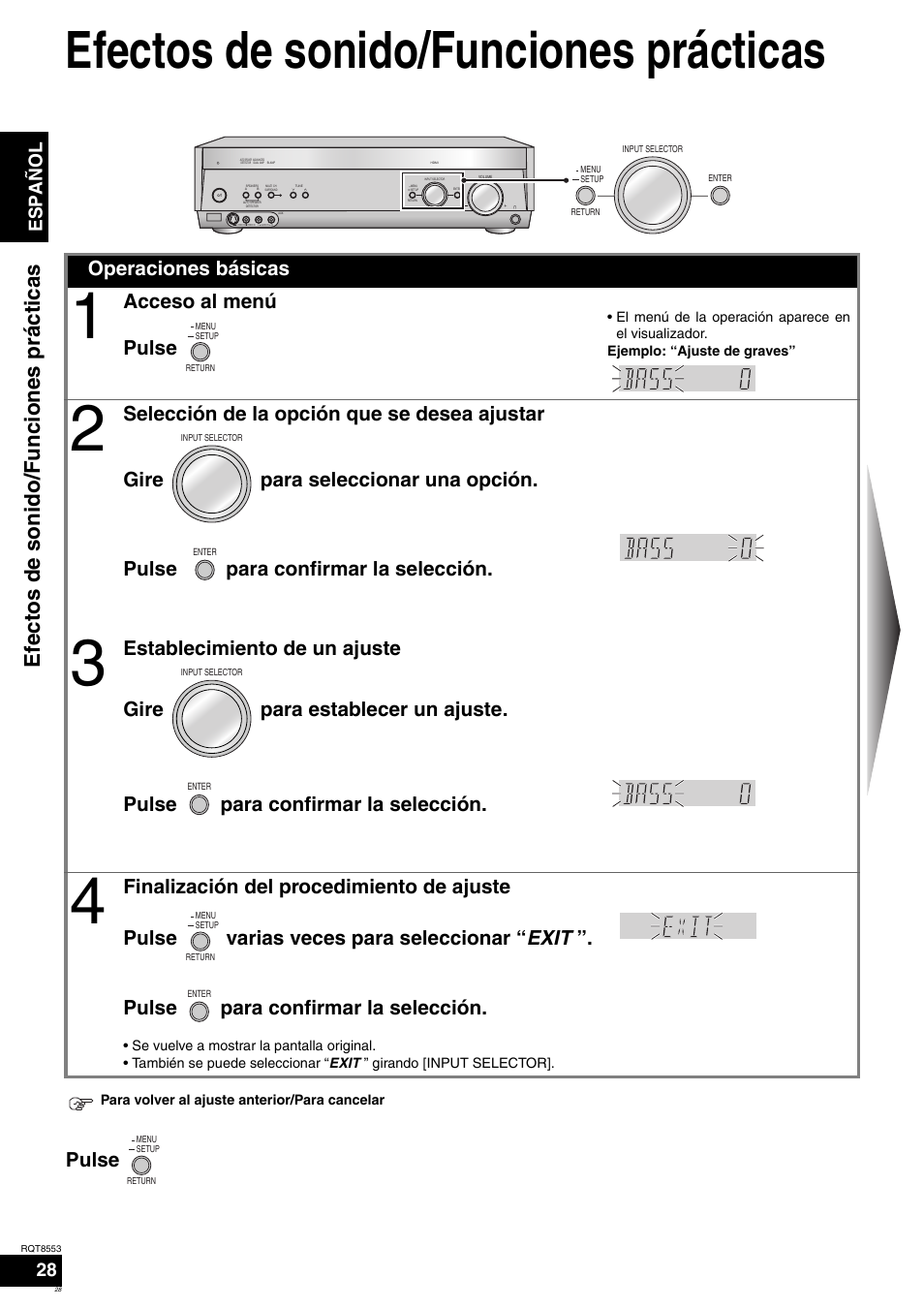 Efectos de sonido/funciones prácticas, Pulse, Operaciones básicas | Acceso al menú pulse, Español | Panasonic SAXR57 User Manual | Page 28 / 160