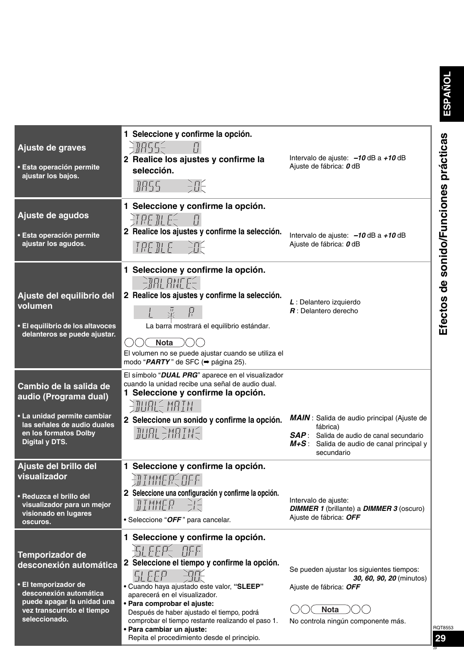 Efectos de sonido/funciones prácticas, Antes de utiliza r el i t, Español | Panasonic SAXR57 User Manual | Page 29 / 160