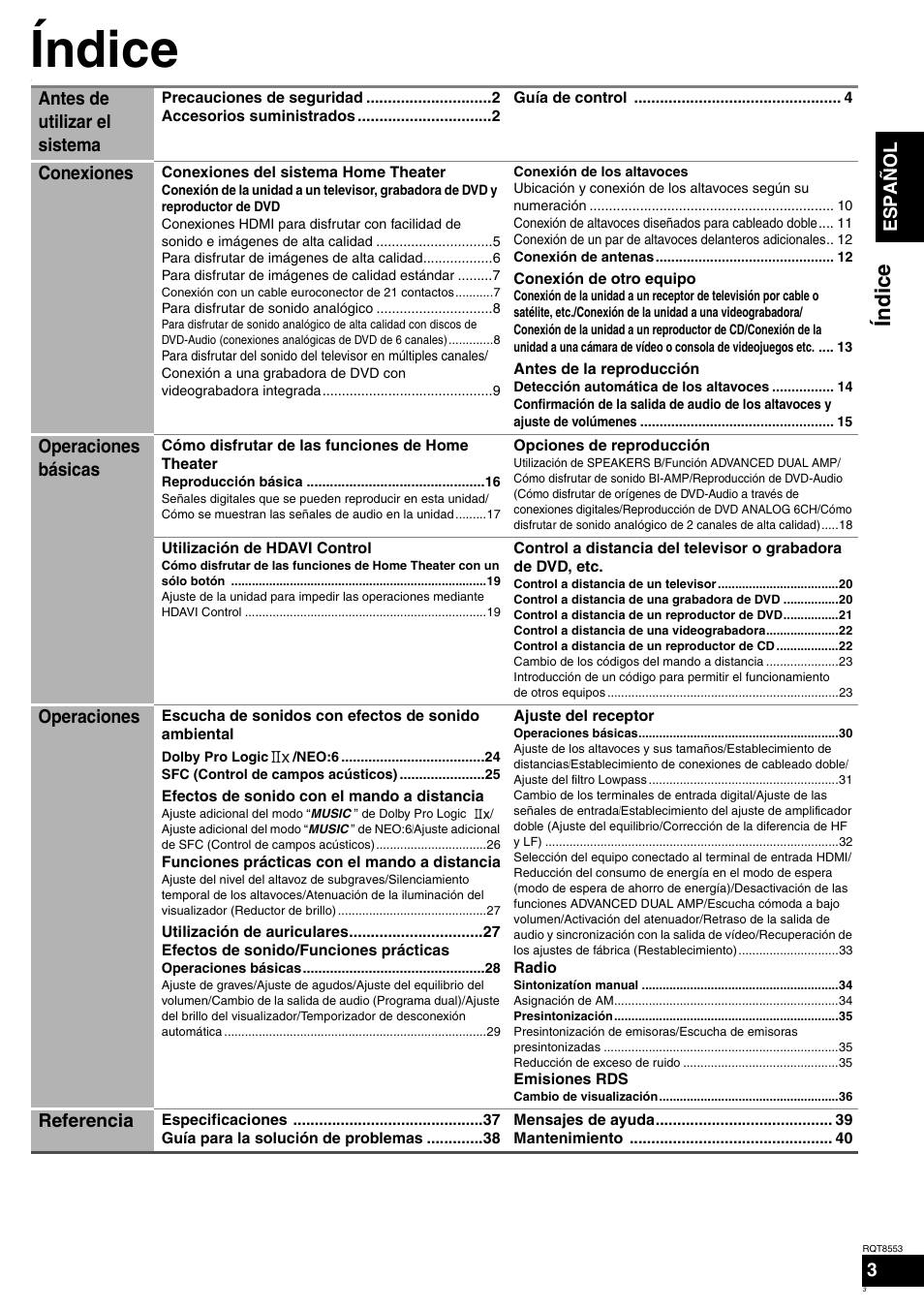 Índice, Español, Antes de utilizar el sistema | Conexiones, Operaciones básicas, Operaciones, Referencia | Panasonic SAXR57 User Manual | Page 3 / 160