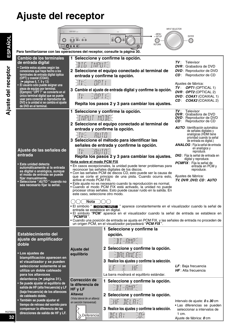 Ajuste del receptor, Español, Cambio de los terminales de entrada digital | Ajuste de las señales de entrada, Establecimiento del ajuste de amplificador doble | Panasonic SAXR57 User Manual | Page 32 / 160