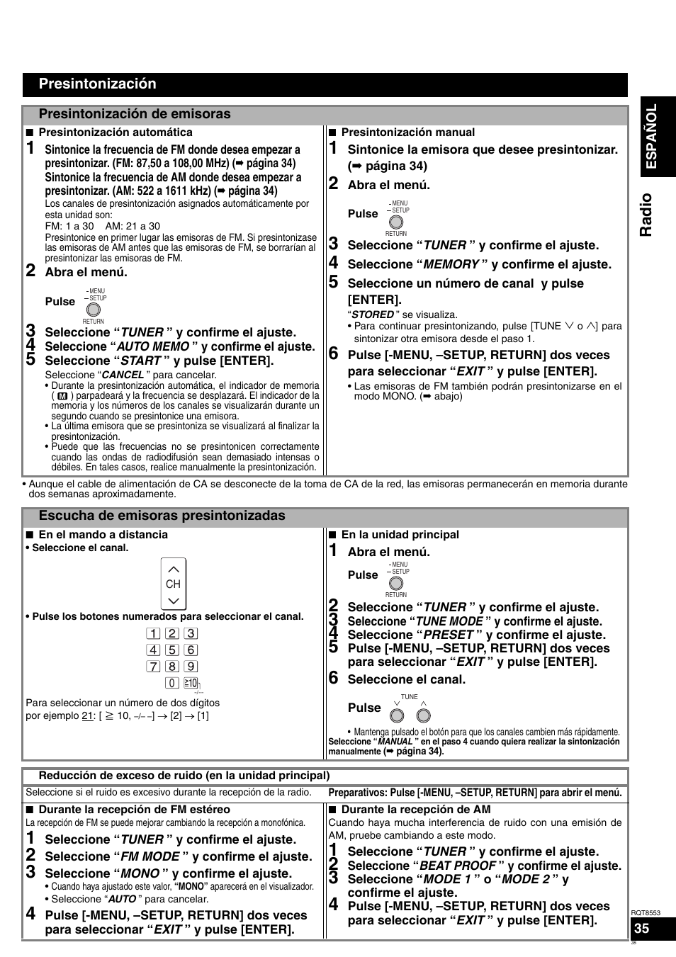 Radio, Presintonización | Panasonic SAXR57 User Manual | Page 35 / 160