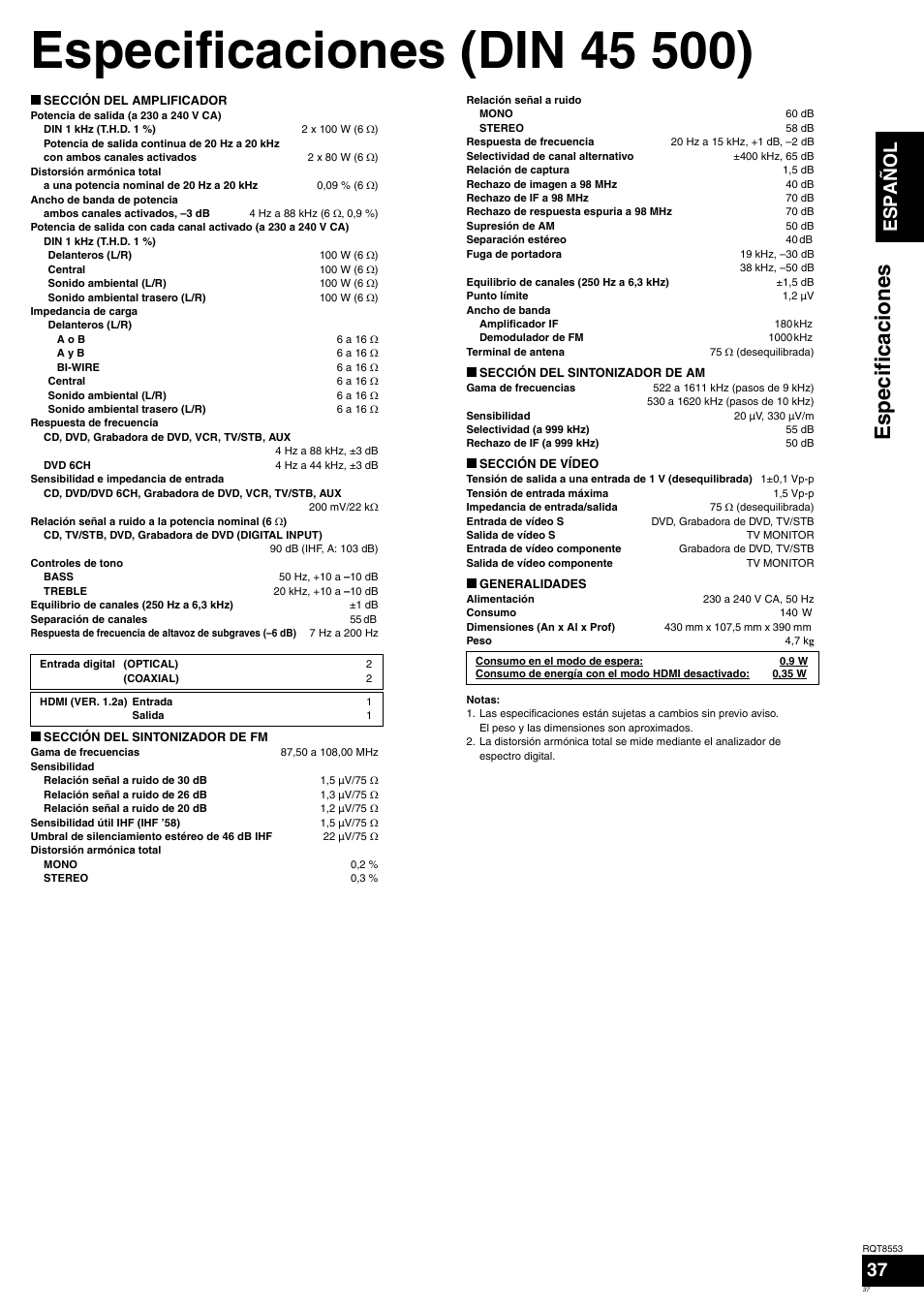 Especificaci ones, Antes de utiliza r el i t, Español | Panasonic SAXR57 User Manual | Page 37 / 160