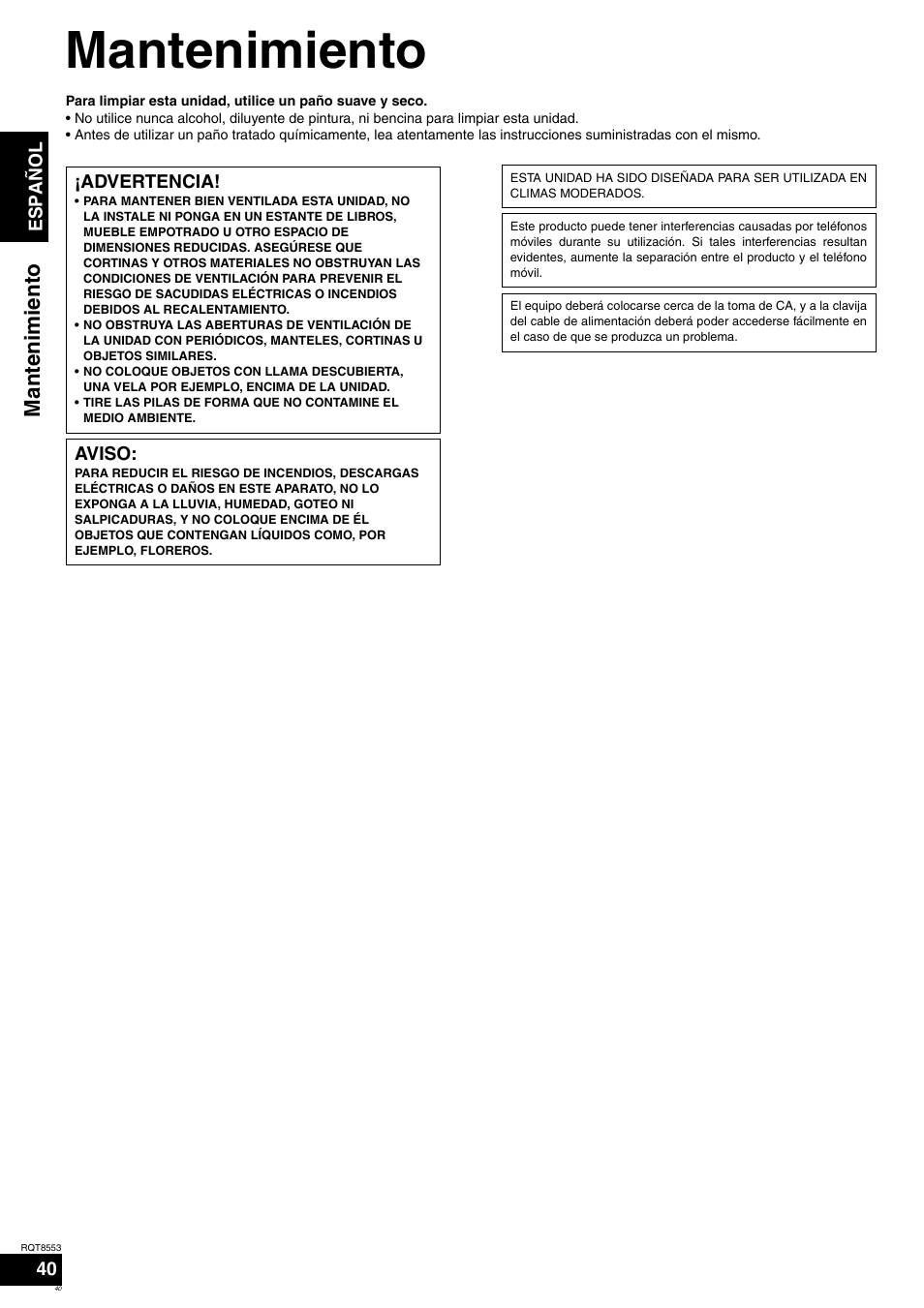 Mantenimiento, Mant enimi ent o | Panasonic SAXR57 User Manual | Page 40 / 160