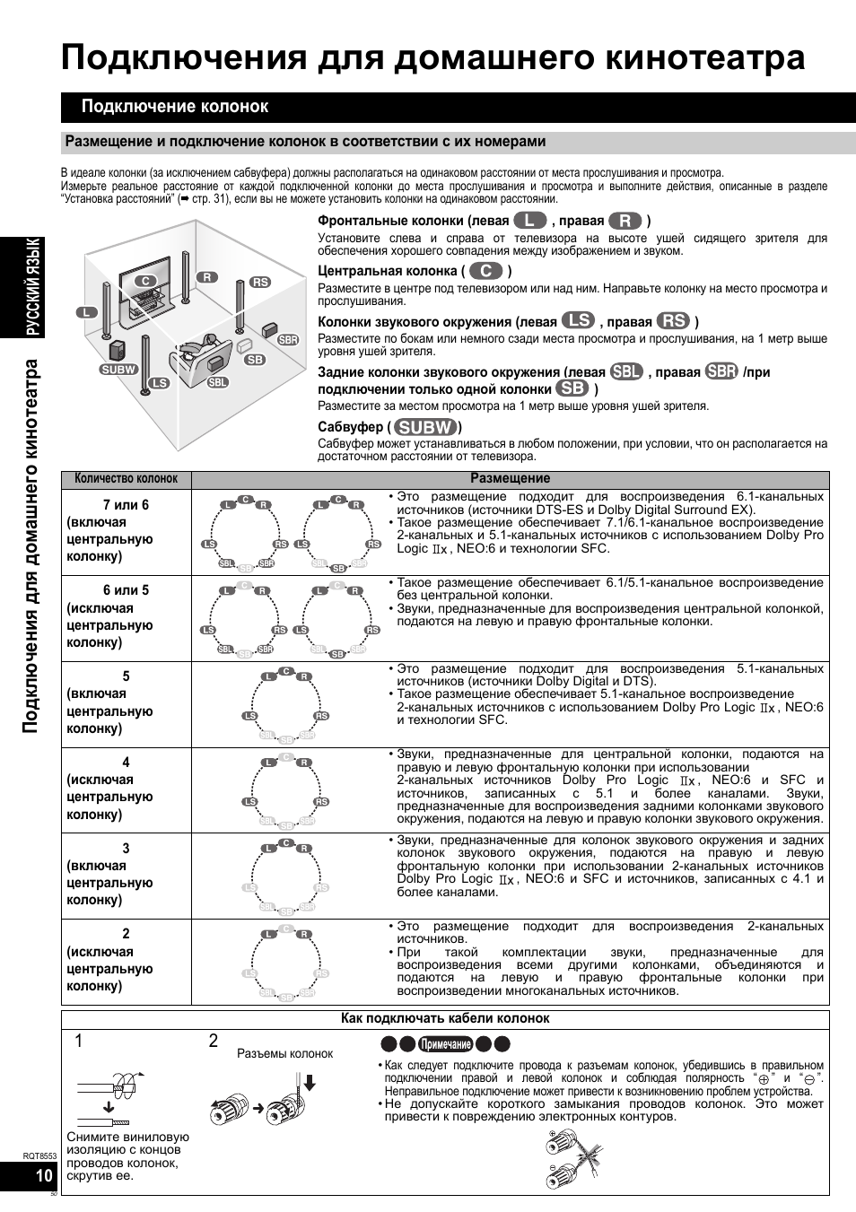 Подключения для домашнего кинотеатра, Подклю чения для домашнего кинотеатра, Подключение колонок | Русский яз ы к | Panasonic SAXR57 User Manual | Page 50 / 160