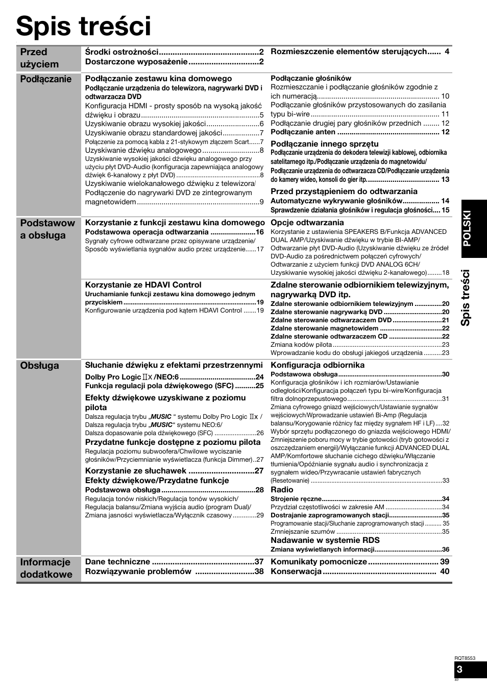 Spis treœci, Polski, Przed użyciem | Podłączanie, Podstawow a obsługa, Obsługa, Informacje dodatkowe | Panasonic SAXR57 User Manual | Page 83 / 160