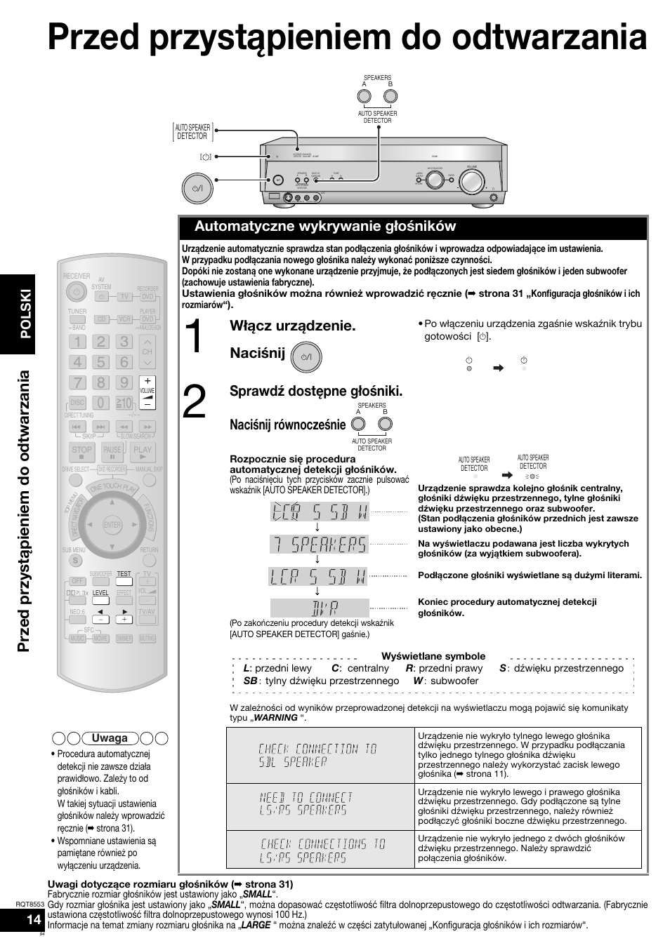 Przed przystąpieniem do odtwarzania, Przed przyst ą pieniem do odtwarzania, Automatyczne wykrywanie głoœników | Włącz urządzenie. naciœnij, Sprawdÿ dostępne głoœniki. naciœnij równoczeœnie, Polski, Uwaga | Panasonic SAXR57 User Manual | Page 94 / 160