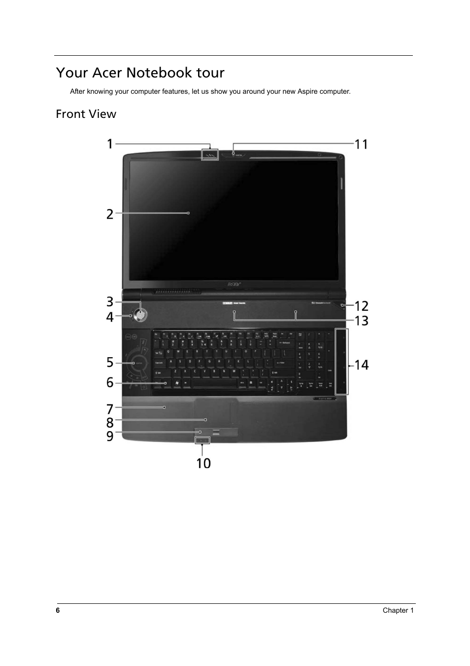 Your acer notebook tour, Front view | Aspire Digital 8930Q User Manual | Page 12 / 124