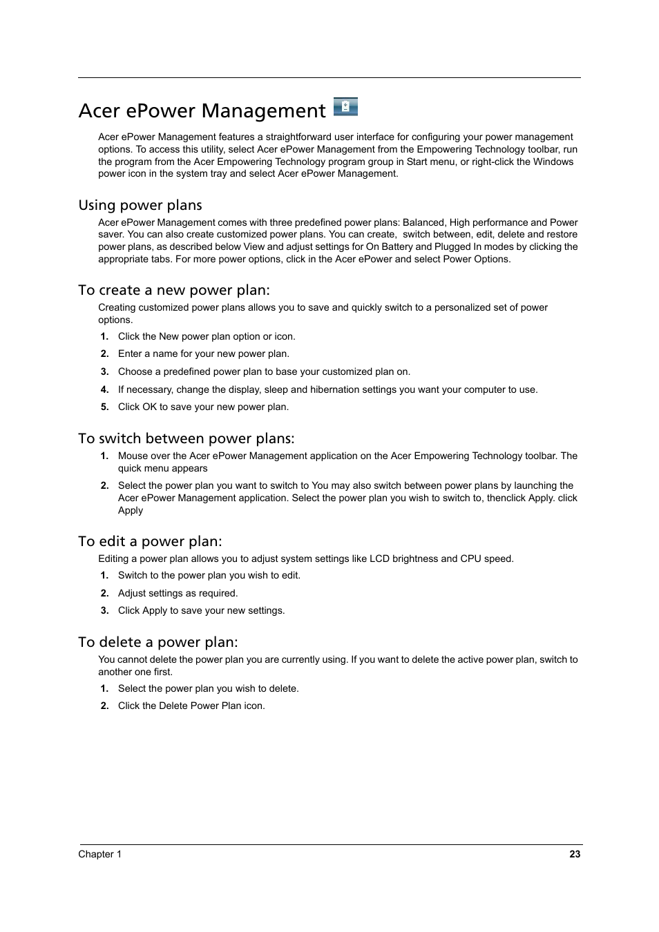 Acer epower management, Using power plans | Aspire Digital 8930Q User Manual | Page 29 / 124