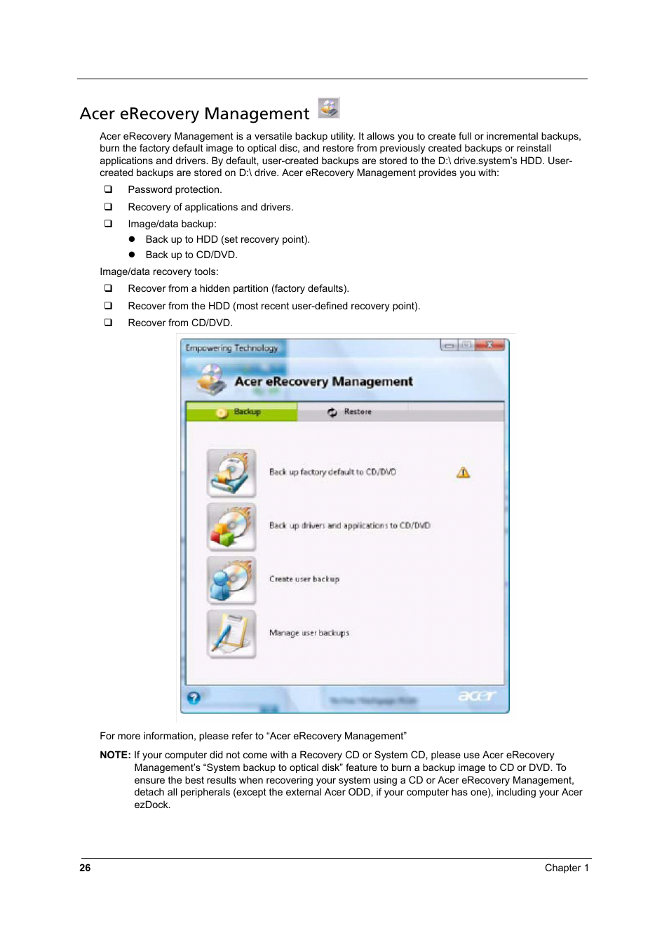 Acer erecovery management | Aspire Digital 8930Q User Manual | Page 32 / 124