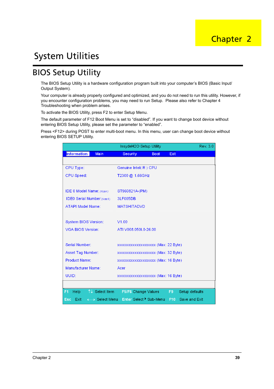Bios setup utility, System utilities, Chapter 2 | Aspire Digital 8930Q User Manual | Page 45 / 124