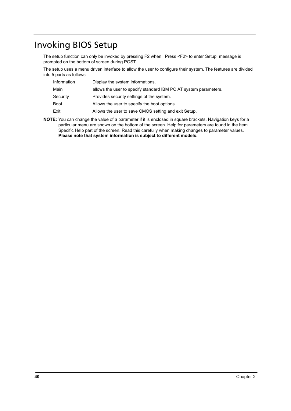 Invoking bios setup | Aspire Digital 8930Q User Manual | Page 46 / 124