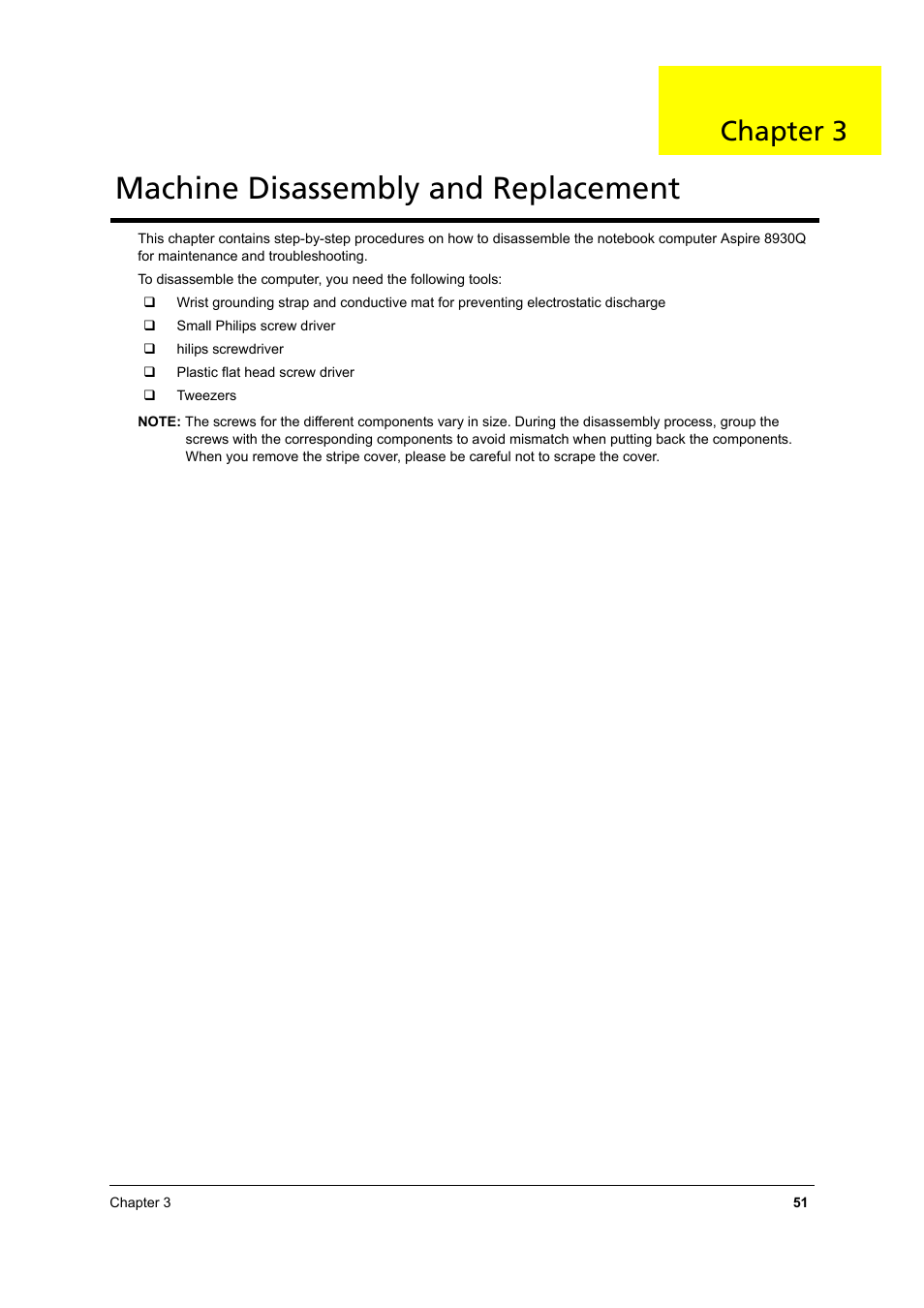 Machine disassembly and replacement, Chapter 3 | Aspire Digital 8930Q User Manual | Page 57 / 124