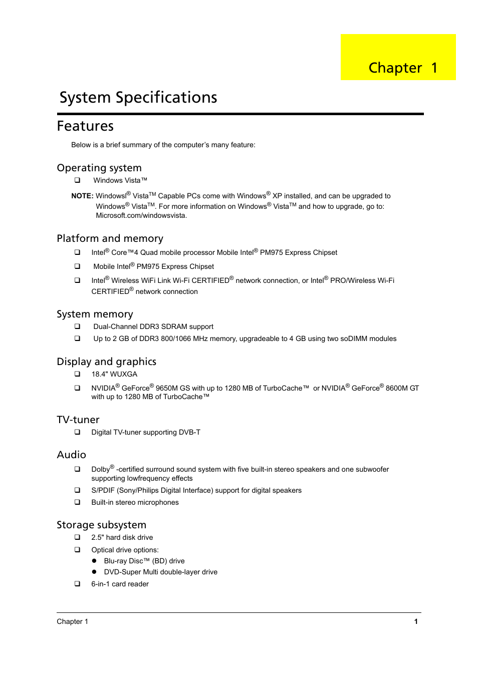 Features, System specifications, Chapter 1 | Operating system, Display and graphics, Tv-tuner, Audio, Storage subsystem | Aspire Digital 8930Q User Manual | Page 7 / 124