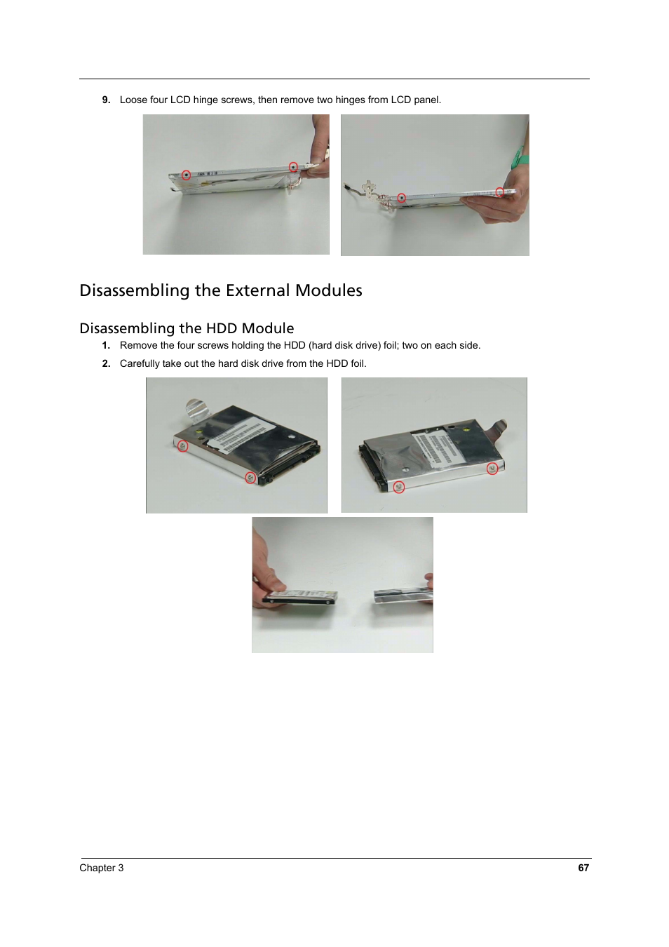 Disassembling the external modules, Disassembling the hdd module | Aspire Digital 8930Q User Manual | Page 73 / 124