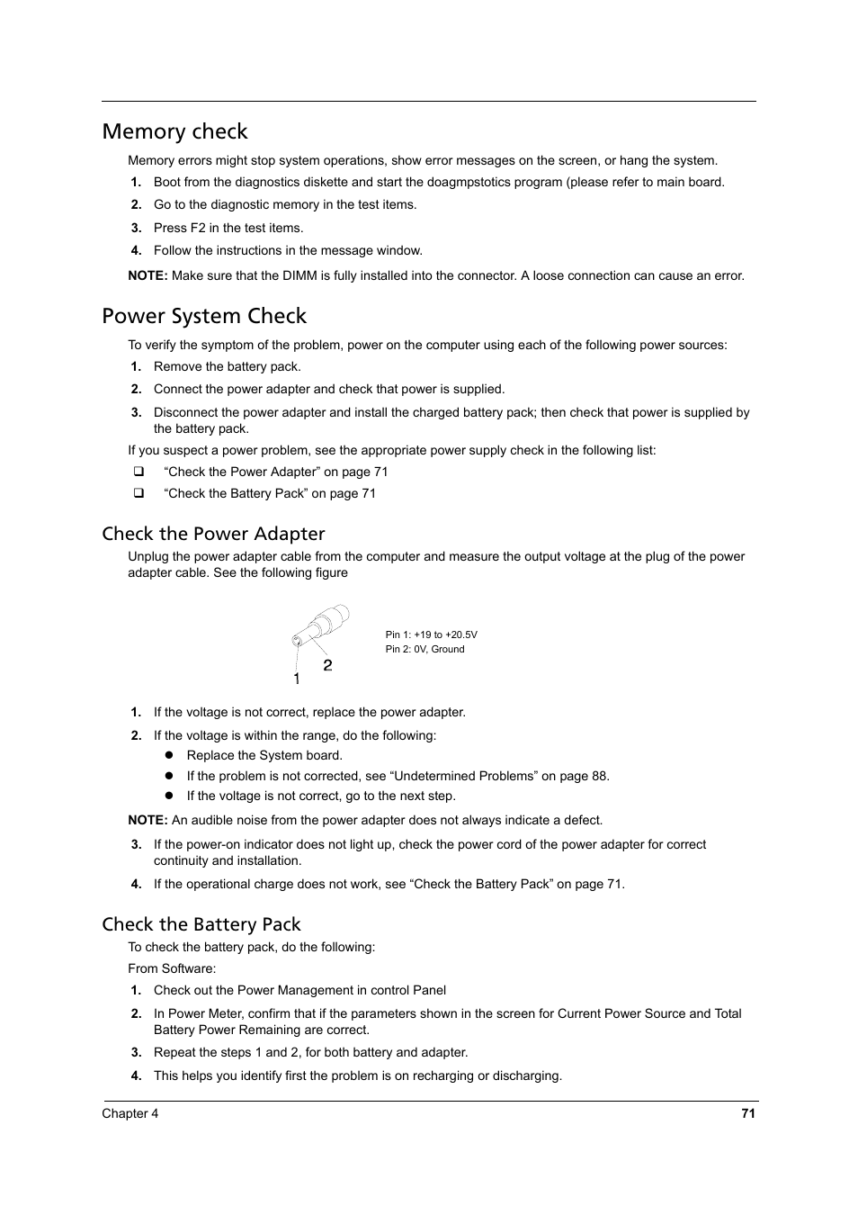 Memory check, Power system check, Check the power adapter | Check the battery pack | Aspire Digital 8930Q User Manual | Page 77 / 124