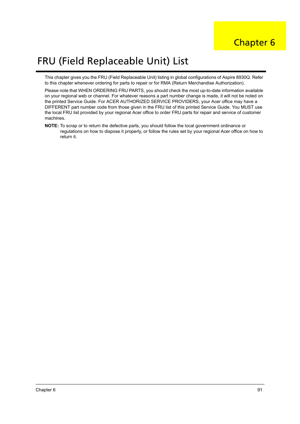 Fru (field replaceable unit) list, Chapter 6 | Aspire Digital 8930Q User Manual | Page 97 / 124