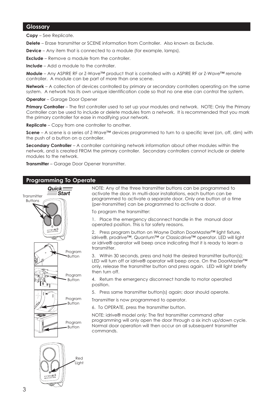 Glossary, Programming to operate 3 | Aspire Digital RFKGT User Manual | Page 3 / 7
