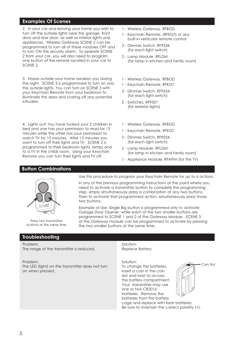 5examples of scenes, Troubleshooting, Button combinations | Aspire Digital RFKGT User Manual | Page 5 / 7