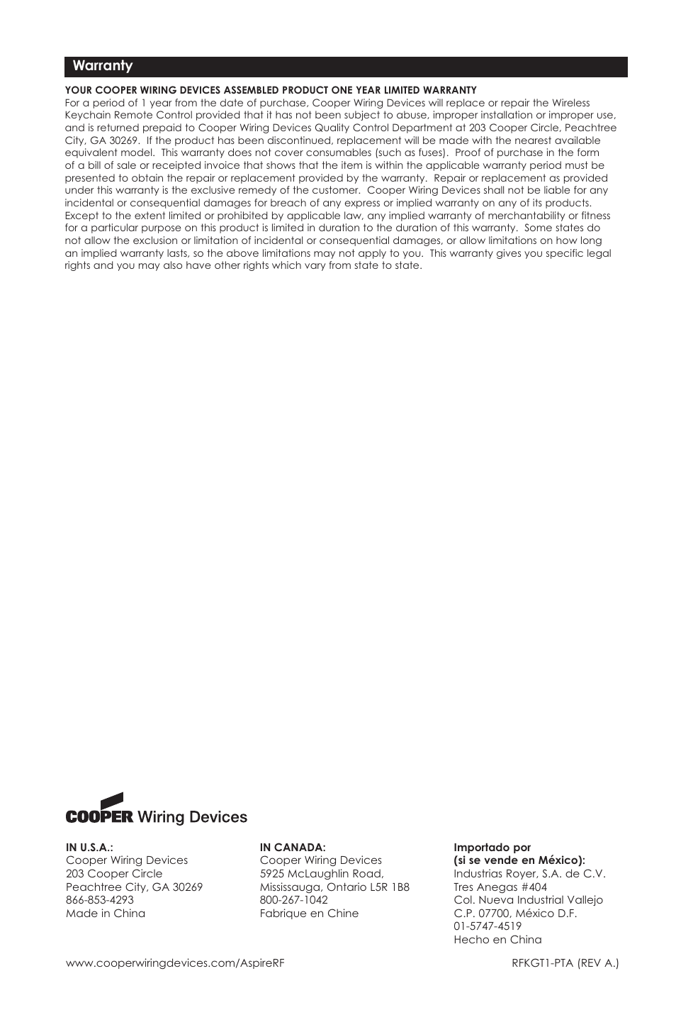 Warranty | Aspire Digital RFKGT User Manual | Page 7 / 7