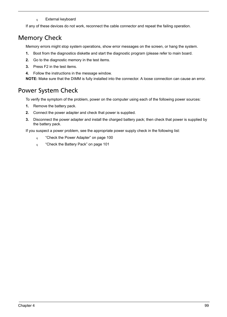Memory check, Power system check | Aspire Digital 5335 User Manual | Page 109 / 154