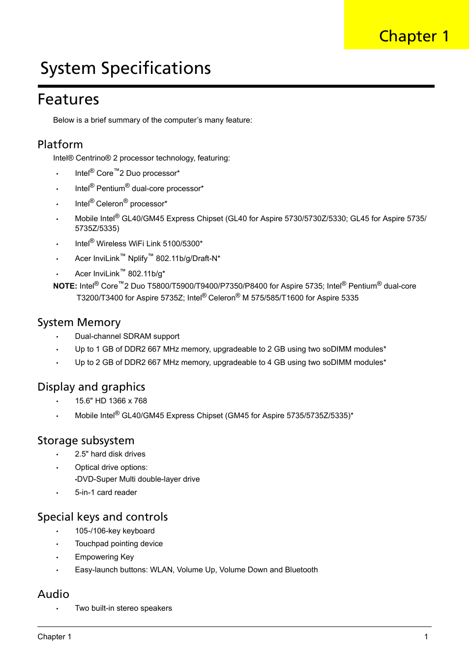 Features, System specifications, Chapter 1 | Platform, Display and graphics, Storage subsystem, Special keys and controls, Audio | Aspire Digital 5335 User Manual | Page 11 / 154