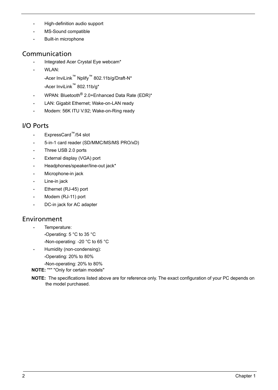 Communication, I/o ports, Environment | Aspire Digital 5335 User Manual | Page 12 / 154