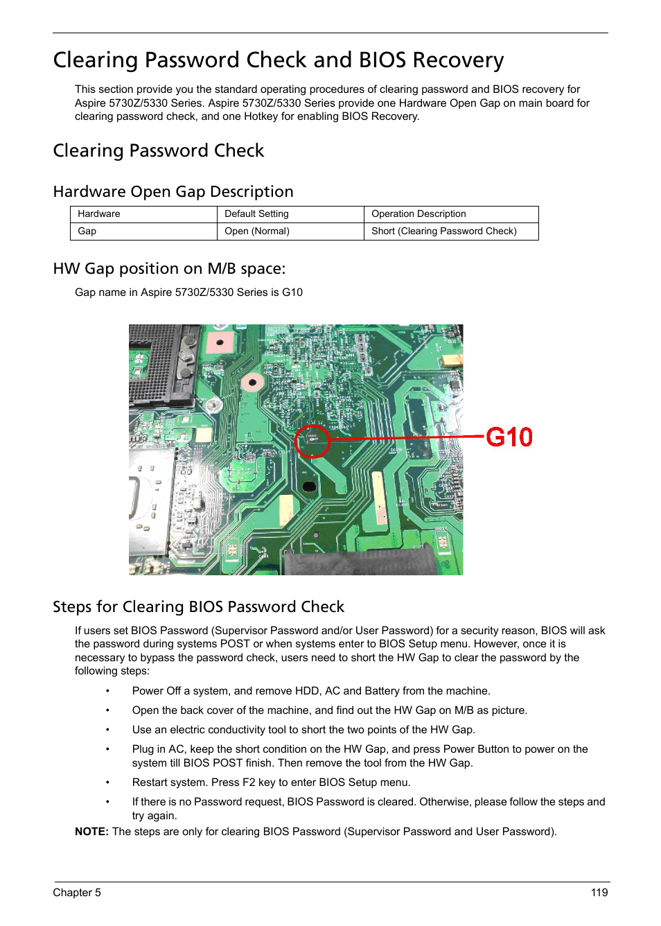 Clearing password check and bios recovery, Clearing password check, Steps for clearing bios password check | Aspire Digital 5335 User Manual | Page 129 / 154