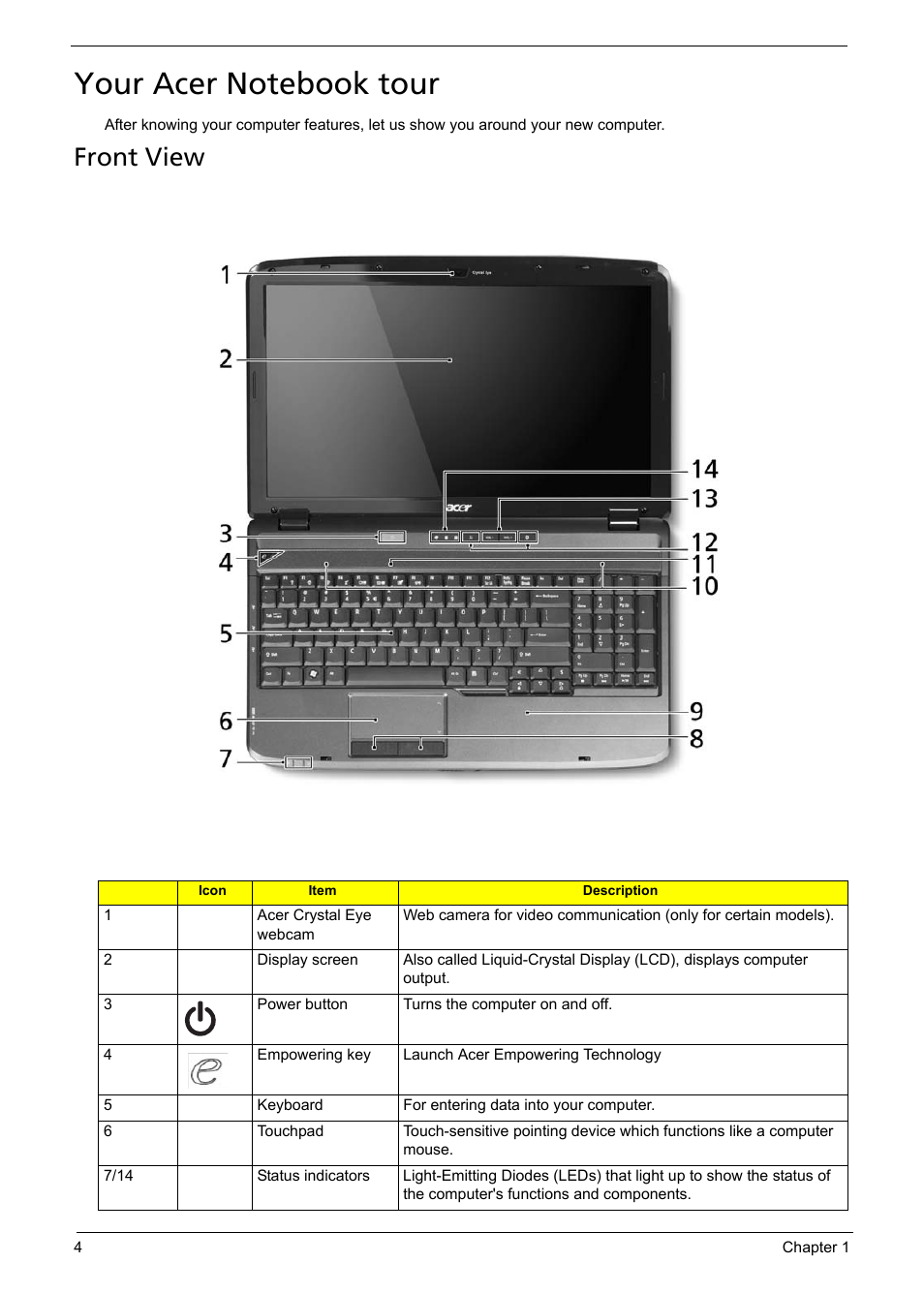 Your acer notebook tour, Front view | Aspire Digital 5335 User Manual | Page 14 / 154