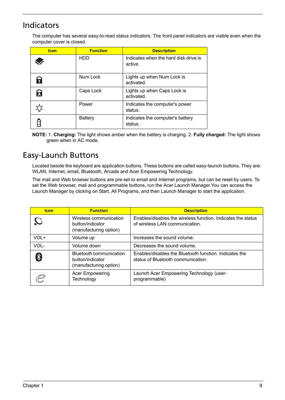 Indicators, Easy-launch buttons | Aspire Digital 5335 User Manual | Page 19 / 154