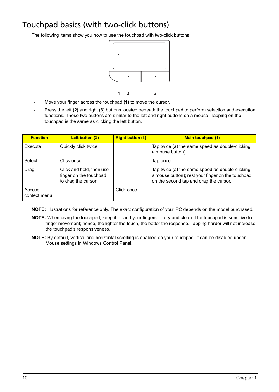 Touchpad basics (with two-click buttons) | Aspire Digital 5335 User Manual | Page 20 / 154